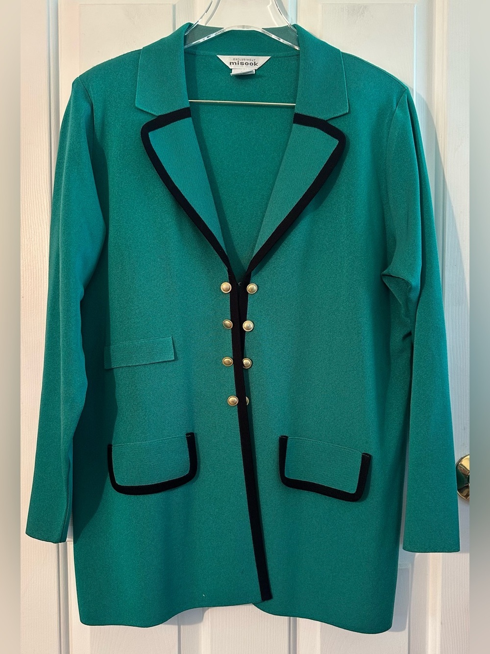 MISOOK XL Old Money Elevated Nautical Career Green Blk Knit Blazer Gold Button